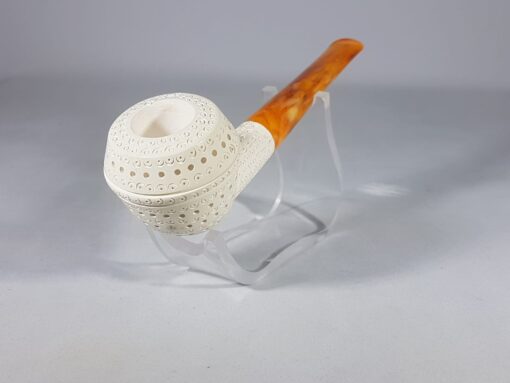 Hand Carved Bulldog Round Lattice Meerschaum Pipe