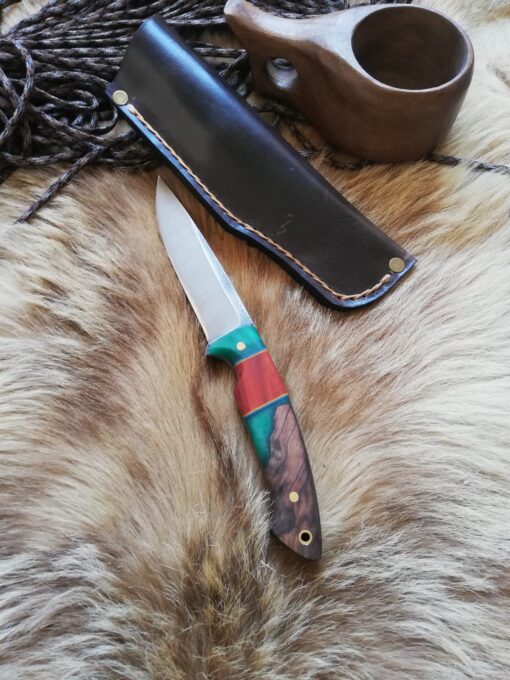 Handmade Knife Epoxy and Padauk Wood Handle, Natural Handmade Leather Case, Stainless Steel 441