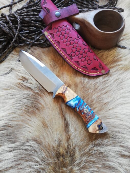 Handmade Knife Epoxy and Padauk Wood Handle, Natural Handmade Leather Case, Stainless steel 441