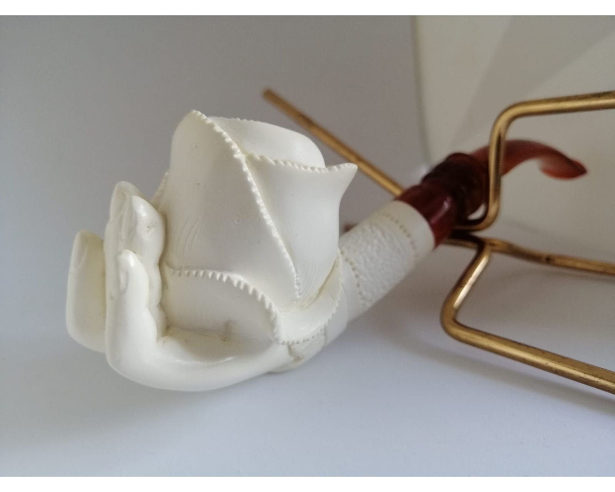 thumbnail image 2 of Mini Hand-Finished Meerschaum Pipe – Turkish Meerschaum & Mineral, Rose-in-Hand Design, 4.5" Long 2 of 9