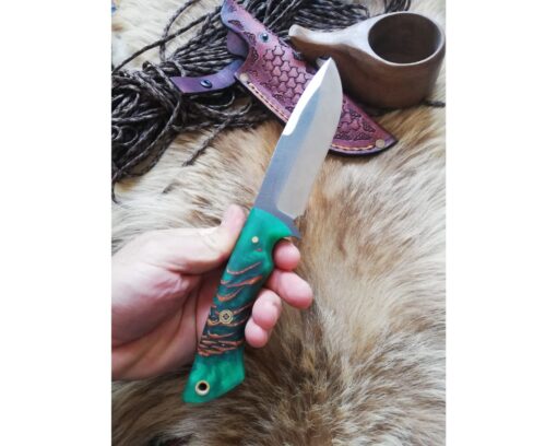 Personalized Half Green Handmade Knife Epoxy and Padauk Wood Handle, Natural Handmade Leather Case, Stainless steel 4116