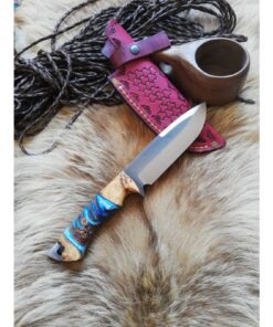 Personalized Handmade Knife Epoxy with Padauk Wood Handle, Natural Handmade Leather Case, Stainless steel 4116
