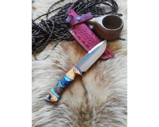 Personalized Handmade Knife Epoxy with Padauk Wood Handle, Natural Handmade Leather Case, Stainless steel 4116