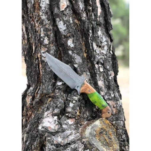 Personalized Green Handle Damascus Knife, Colourful Handmade Knife Epoxy and Padauk Wood Handle, Natural Handmade Leather Case