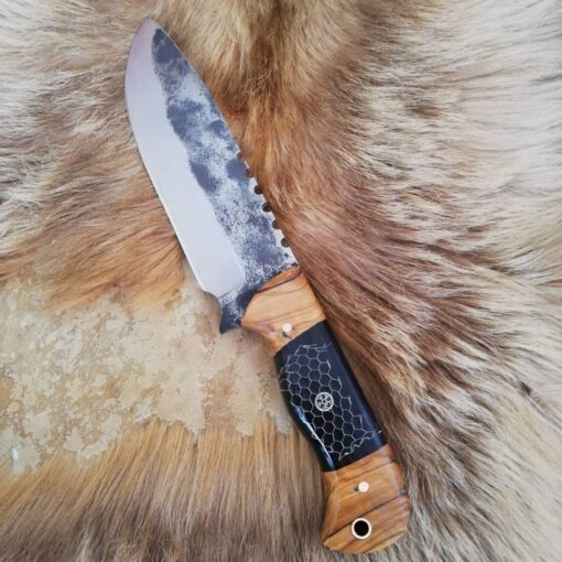 Personalized Spring Steel Handmade Knife Epoxy and Padauk Wood Handle, Natural Handmade Leather Case, Spring Steel 5160