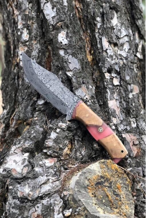 Personalized Damascus Knife with Natural Leather, Colourful Handmade Knife Epoxy and Padauk Wood Handle, Natural Handmade Leather Case