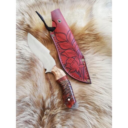 Personalized Handmade Half Red Handle Knife Epoxy and Padauk Wood Handle, Natural Handmade Leather Case, Stainless steel 4116