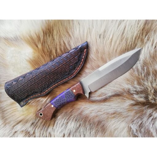 Personalized Purple Handmade Knife Epoxy and Padauk Wood Handle, Natural Handmade Leather Case, Stainless steel 4116