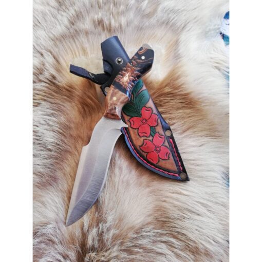 Personalized Handmade Knife with Flower Design, Handle Epoxy and Padauk Wood Handle, Natural Handmade Leather Case, Stainless steel 4116