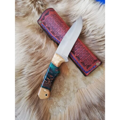Personalized Colourful Handmade Knife Epoxy and Padauk Wood Handle, Natural Handmade Leather Case, Stainless steel 4116