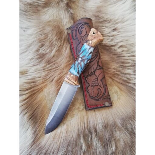 Personalized Colourful Handmade Knife Epoxy and Padauk Wood Handle, Natural Handmade Leather Case, Stainless steel 4116