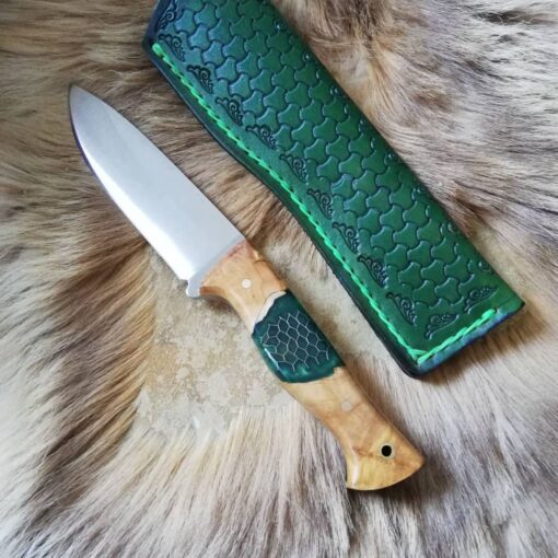 Personalized Colourful Handmade Knife with Green Leather Epoxy and Padauk Wood Handle, Natural Handmade Leather Case, Stainless steel 4116