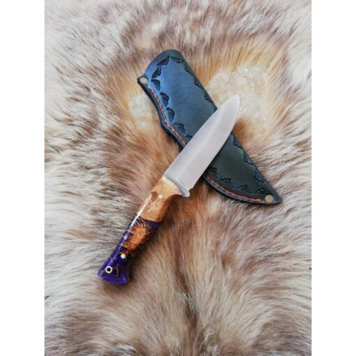 Personalized Colourful Handmade Knife Epoxy and Padauk Wood Handle, Natural Handmade Leather Case, Stainless steel 441