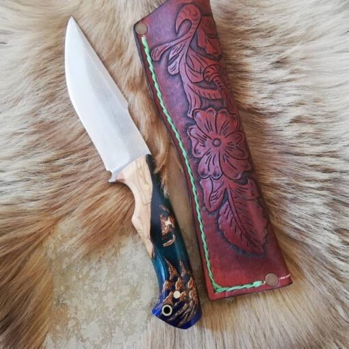 Personalized Colourful Handmade Knife Epoxy and Padauk Wood Handle, Natural Handmade Leather Case, Stainless steel 441