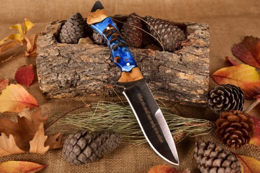 Personalized Handmade Blue Knife Epoxy and Padauk Wood Handle, Natural Handmade Leather Case, Stainless steel 4116