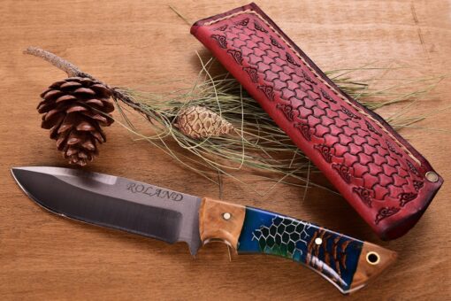 Personalized Colourful Handmade Knife Epoxy and Padauk Wood Handle, Natural Handmade Leather Case, Stainless steel 441
