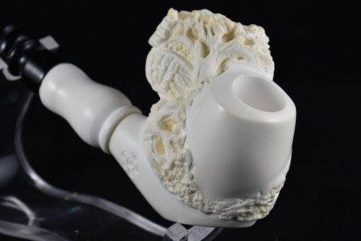 Embossed Floral Owl Pipe, 100% Solid Block Meerschaum Pipe, Turkish Meerschaum