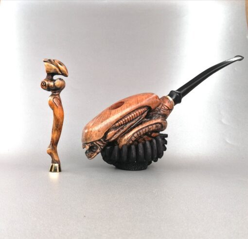 Alien Briar Pipe with Tamper and with Its Special Bag and Stand, Acrylic Stem, Hand-Carved Briar Wood, Prometheus Covenant Pipe,