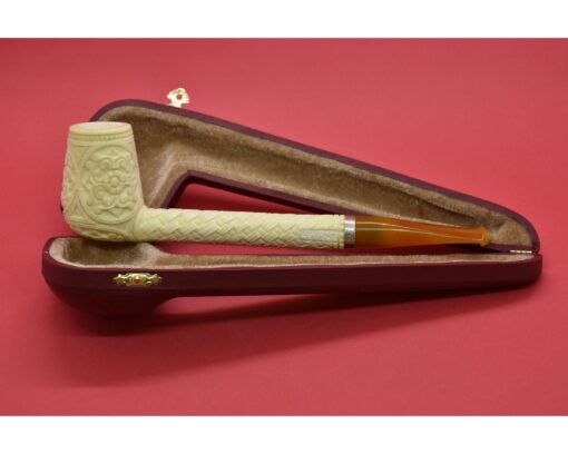 Long Stem Embossed Floral Pipe with Silver and Leather Fitted Case, Meerschaum Pipe, Hand Carved and Handmade Pipe, Smoking Pipe